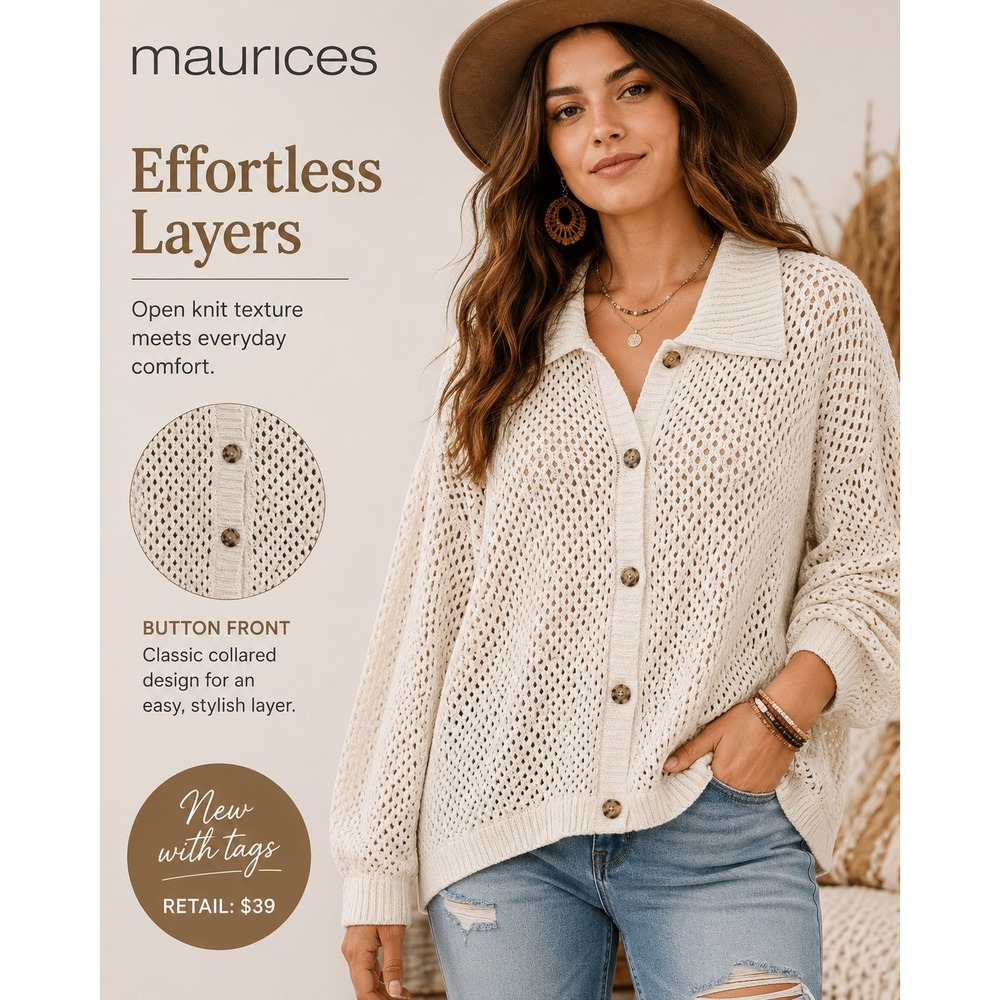 NEW maurices Cream Open Knit‎ Button Front Collared Sweater Cardigan Size 4X